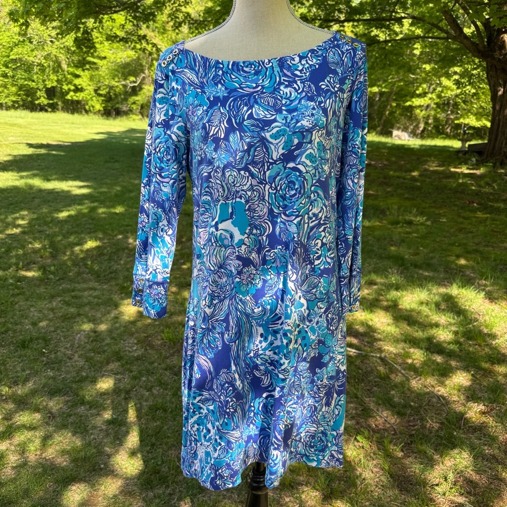 💐LILLY PULITZER DRESS BLUE WHITE PURPLE FLORAL SHEATH 3/4 SLEEVE BOATNECK Size L